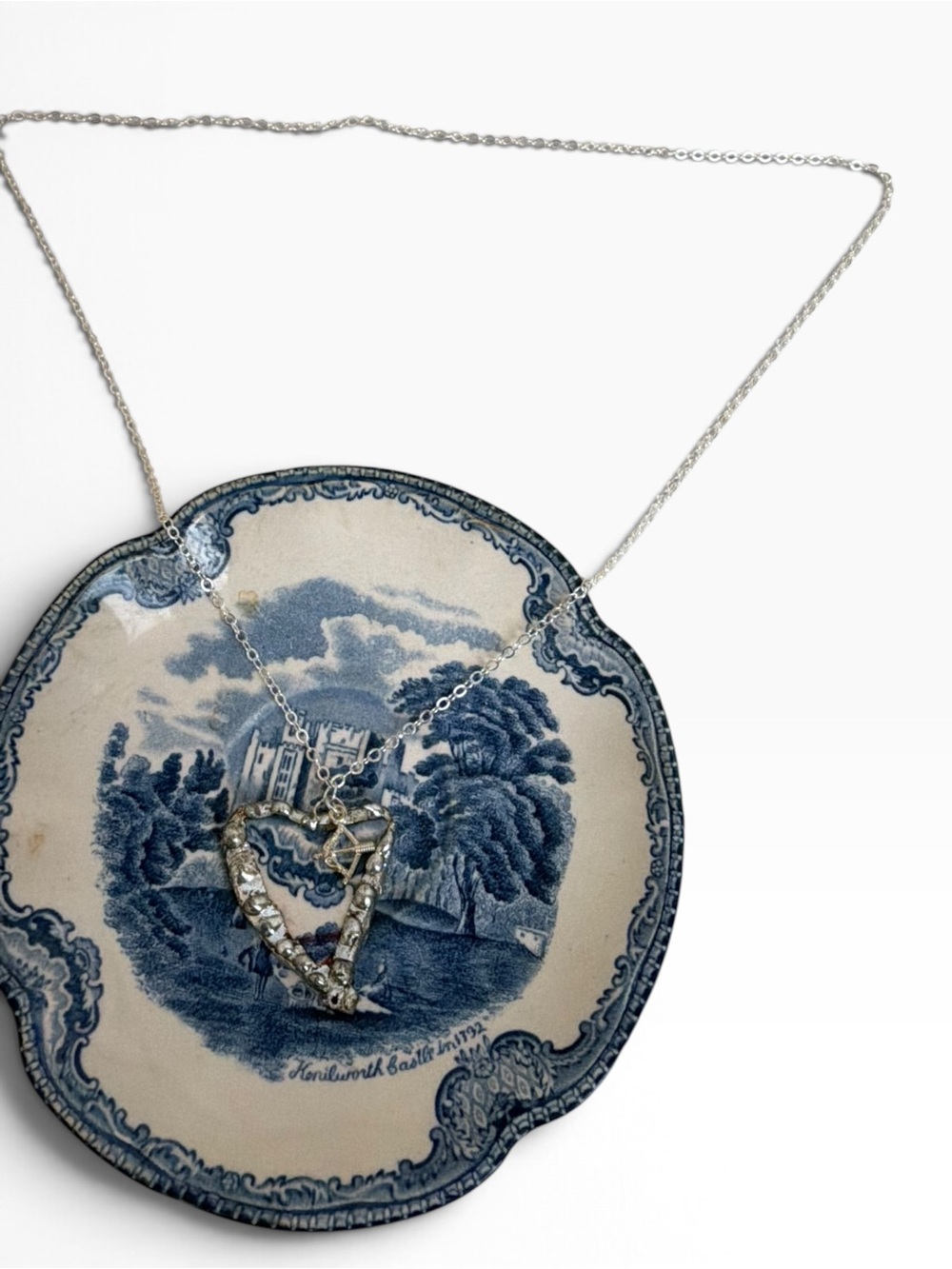 Johnson Bros Old Britain Castles Broken China Heart Necklace Silver Plated